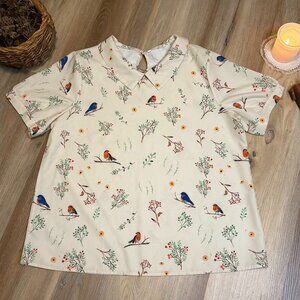 Cottagecore Botanical Bird Print Top with Collar Lightweight Relaxed Fit size XL